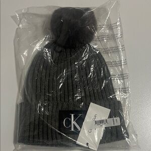 Calvin Klein Kids Charcoal Knit Beanie with Pom-Pom